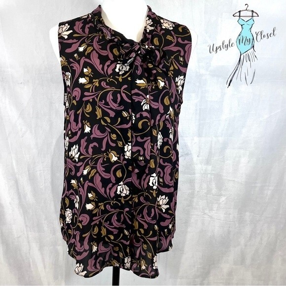 Ann Taylor Loft black and wine tie neck button down blouse size medium - Picture 1 of 6